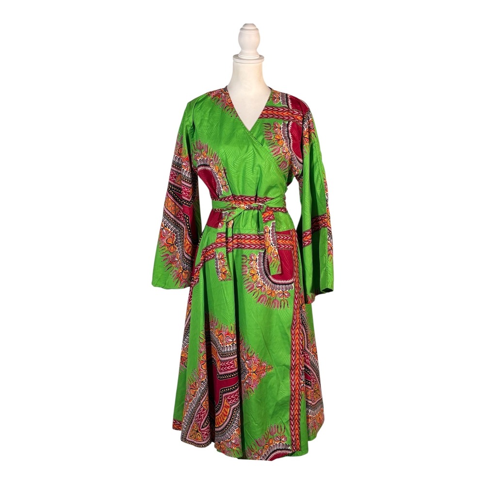 Y2K Retro 100% Cotton Bold Hippie Wrap Dress Boho Bell Sleeve 1 Size Artist Chic